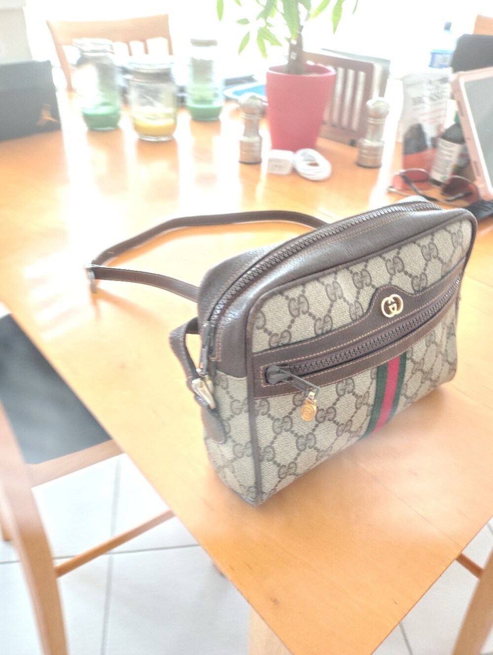 Vintage Gucci Parfums GG Monogram Crossbody Bag with Red and Green Web - Picture 2 of 16